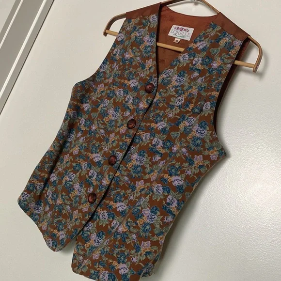 Vintage Floral Vest Women SZ 8 Tan Purple Cottagecore Granny 90s Made in Canada - Picture 4 of 14